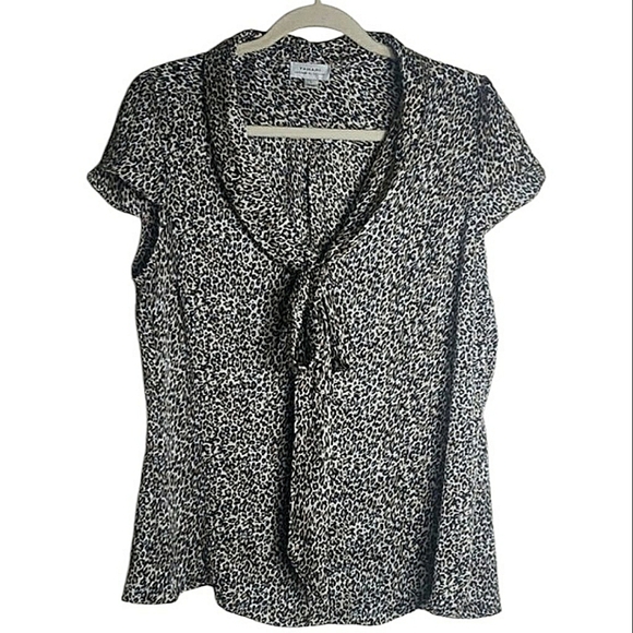 NWT Tahari Leopard Print Blouse Button Up Bow Tie Neckline Black Brown White L - Picture 1 of 15